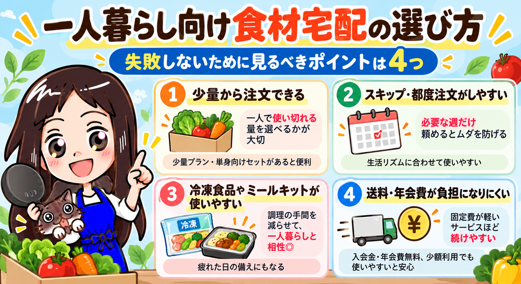 一人暮らし向け食材宅配の選び方4つのポイント