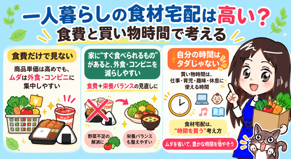 一人暮らしの食材宅配は高い？食費と買い物時間で考える
