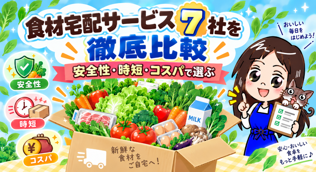食材宅配サービス7社を徹底比較。安全性・時短・コスパで選ぶ。段ボール箱に入った野菜や牛乳、卵、お肉