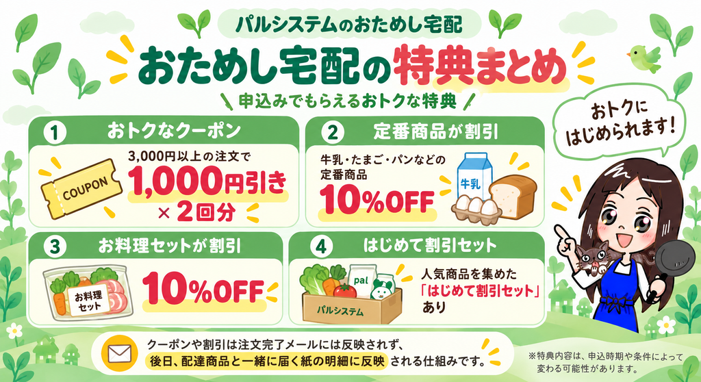 おためし宅配の特典まとめ。3,000円以上の注文で1,000円引きクーポン2回分、定番商品10%OFF、お料理セット10%OFF、はじめて割引セット
