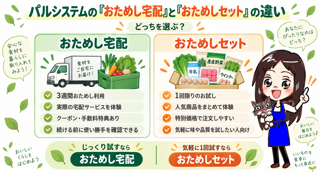 おためし宅配とおためしセットの違いの比較。使い勝手まで試すか、商品の味と品質だけを試すか