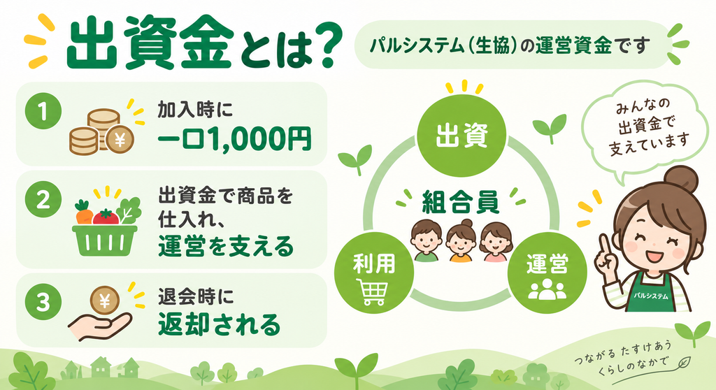 出資金のしくみ。加入時に一口1,000円を預け、商品の仕入れと運営に使われ、退会時に返却される