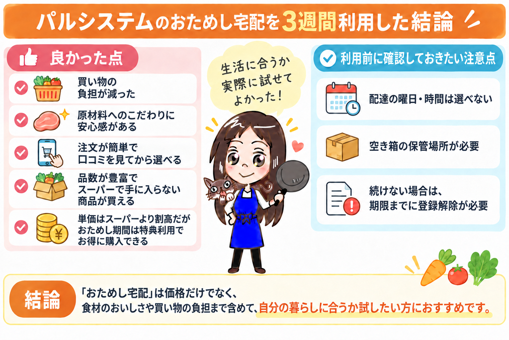 パルシステムのおためし宅配を3週間利用した結論。口コミを見てから選べる注文のしやすさや、スーパーで手に入らない商品を買える品ぞろえなどの良かった点と、利用前の注意点。