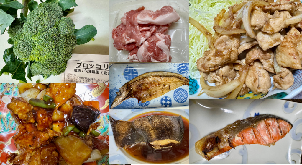 3週目に届いた商品を調理した様子。ブロッコリー・産直豚・鶏唐揚げと5種野菜の黒酢あん炒め・北海道産黒かれい煮付け・紅鮭