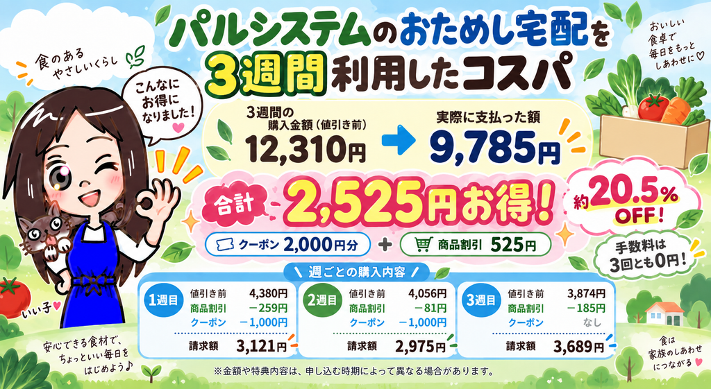 パルシステムのおためし宅配を3週間利用したコスパ。12,310円分を9,785円、合計2,525円で約20.5%の割引