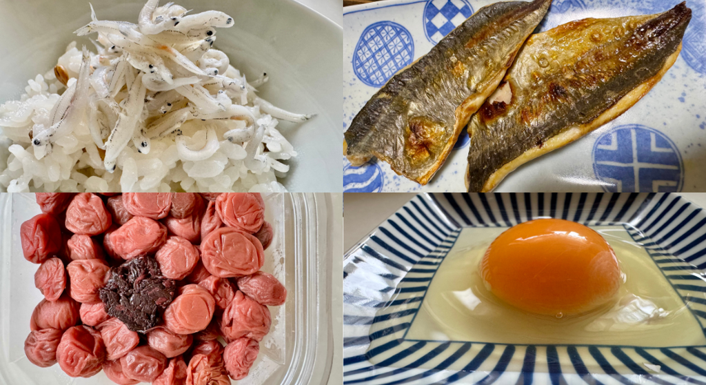 2週目に届いた商品を食べた様子。釜あげしらす・焼いたあじ一夜干し・産直小梅のしそ漬梅干・産直たまごの卵かけごはん