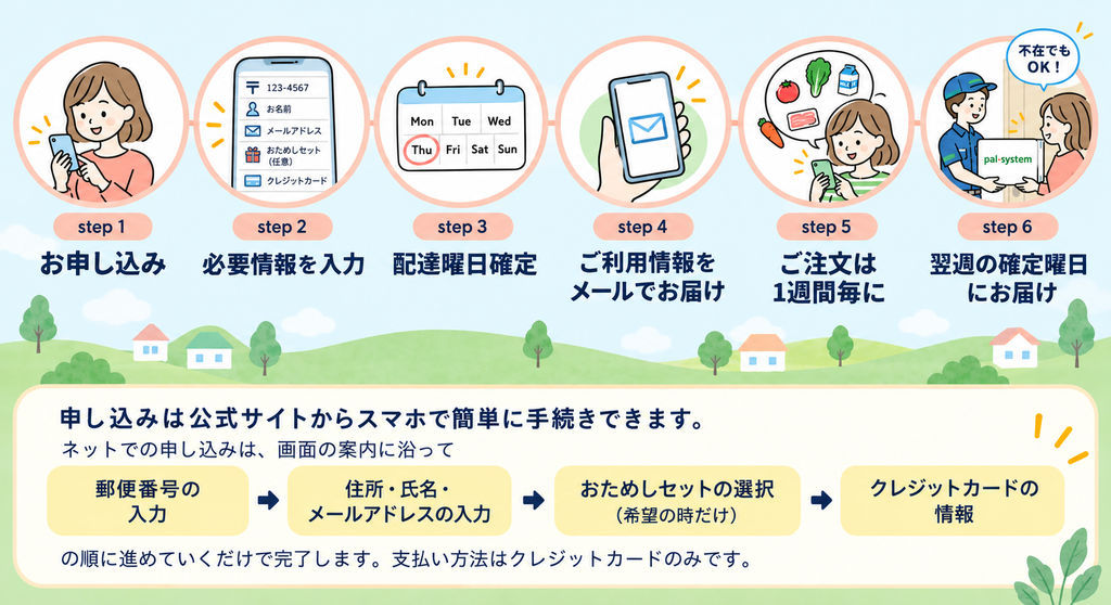 おためし宅配の申し込みの流れ。郵便番号の入力から住所・氏名、メールアドレス、おためしセットの選択、クレジットカード情報まで