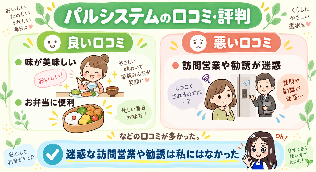 パルシステムの口コミ・評判。良い口コミは味がおいしい、悪い口コミは訪問営業や勧誘が迷惑という声